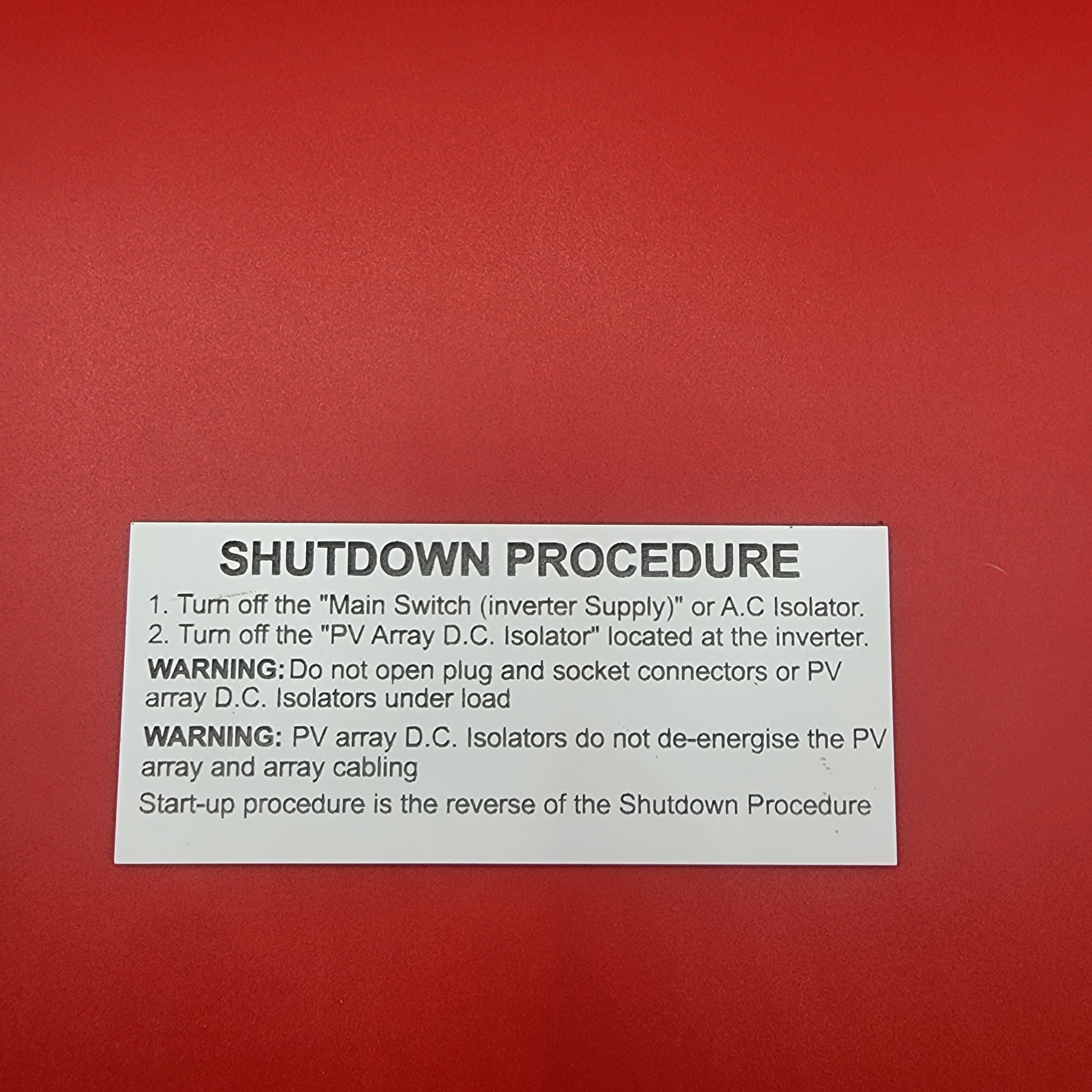 Solar shutdown procedure label - white engraving laminate